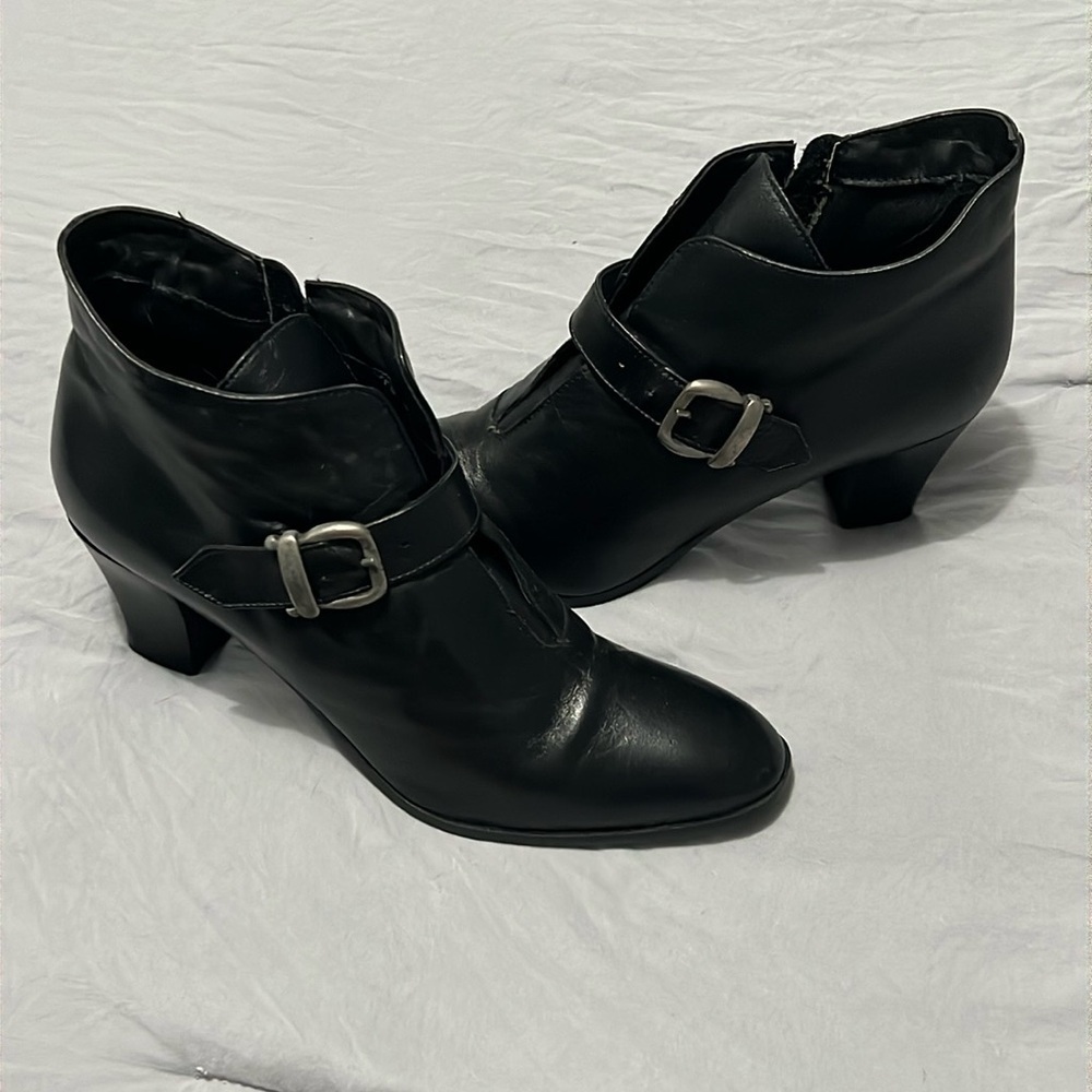 Mainframe Made in Italy Black Leather Ankle Booties with Buckle